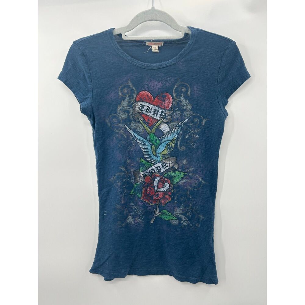 VTG Y2K Grunge Graphic Tee Blue Tattoo Art Baby Tee Cyber McBling Gothic Rose XL